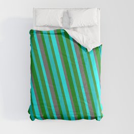 [ Thumbnail: Colorful Dim Gray, Cyan, Forest Green, Dark Turquoise, and Green Colored Lined/Striped Pattern Comforter ]