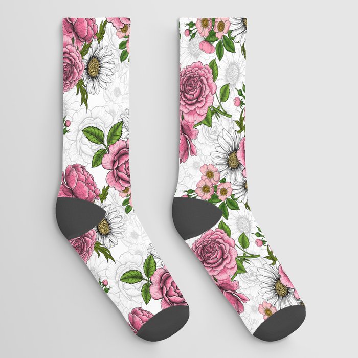 Summer bouquets - pink roses, daisies and wild roses Socks