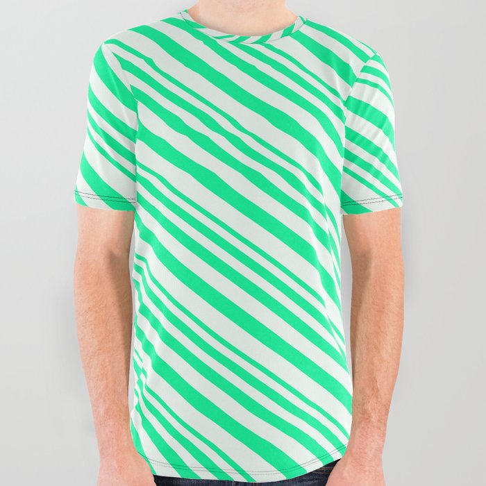 Green and Mint Cream Colored Striped/Lined Pattern All Over Graphic Tee