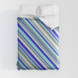 [ Thumbnail: Aquamarine, Grey, Beige & Blue Colored Pattern of Stripes Comforter ]