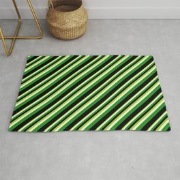 [ Thumbnail: Green, Light Yellow, Forest Green & Black Colored Stripes Pattern Rug ]