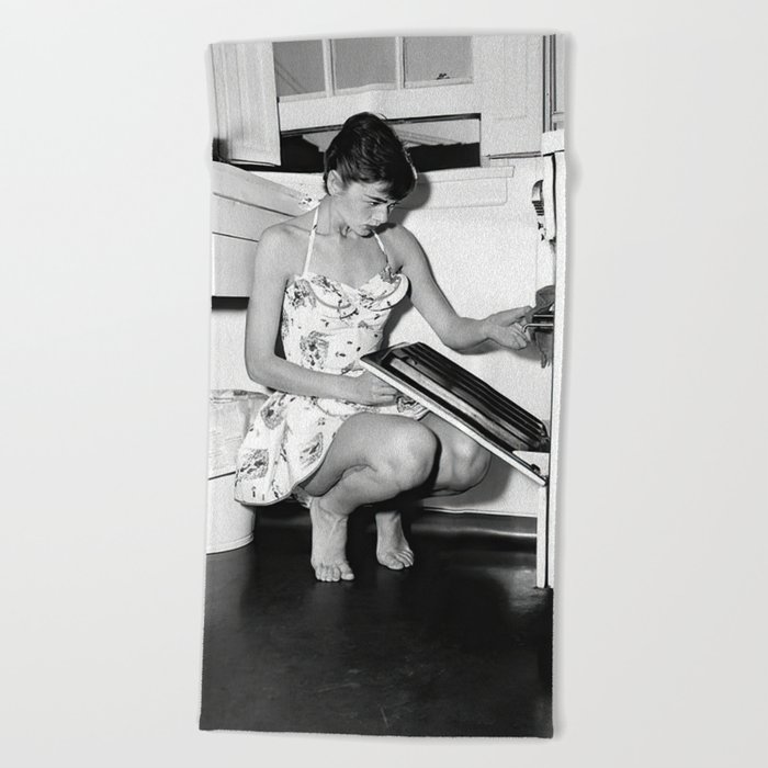 Audrey Hepburn in Kitchen, Black and White Vintage Art Beach Towel