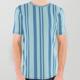 [ Thumbnail: Blue and Powder Blue Colored Striped Pattern All Over Graphic Tee ]