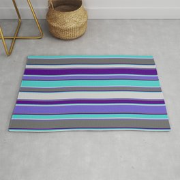 [ Thumbnail: Eye-catching Indigo, Turquoise, Light Gray, Slate Blue, and Dim Grey Colored Striped Pattern Rug ]