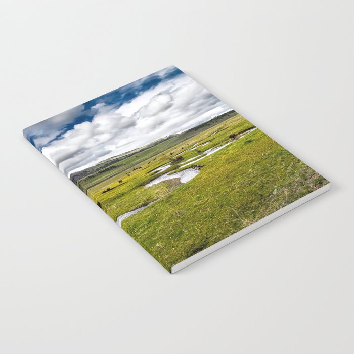 Yellowstone, Home on the range, American buffalo / bison grazing in spring fields of green river prairie landscape color photograph / photography Notebook