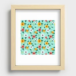 Colorful Spring Flowers Pattern in Seafoam Background Recessed Framed Print