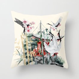Japanese Crane Watercolor Art Throw Pillow