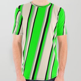 [ Thumbnail: Lime, Dark Sea Green, Beige & Black Colored Lined Pattern All Over Graphic Tee ]