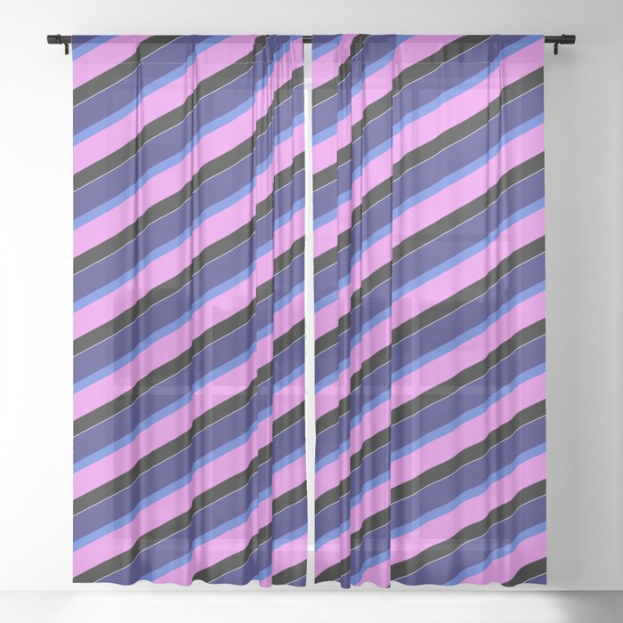 Vibrant Midnight Blue, Royal Blue, Violet, Black, and White Colored Pattern of Stripes Sheer Curtain