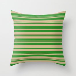 [ Thumbnail: Forest Green and Tan Colored Striped/Lined Pattern Throw Pillow ]