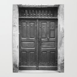 Black and white vintage wood door art print - old frontdoor in France - vintage travel photography Poster