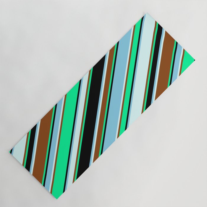 Vibrant Green, Black, Sky Blue, Light Cyan & Brown Colored Lined/Striped Pattern Yoga Mat
