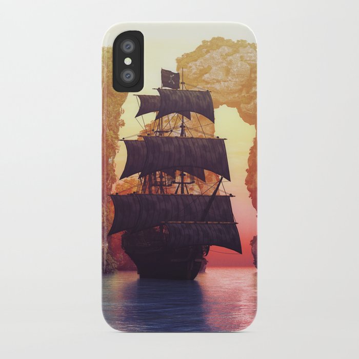 A pirate ship off an island at a sunset iPhone Case