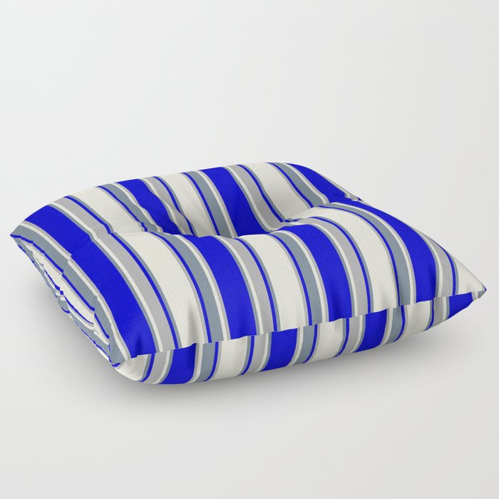 Beige, Dark Grey, Blue, and Slate Gray Colored Pattern of Stripes Floor Pillow