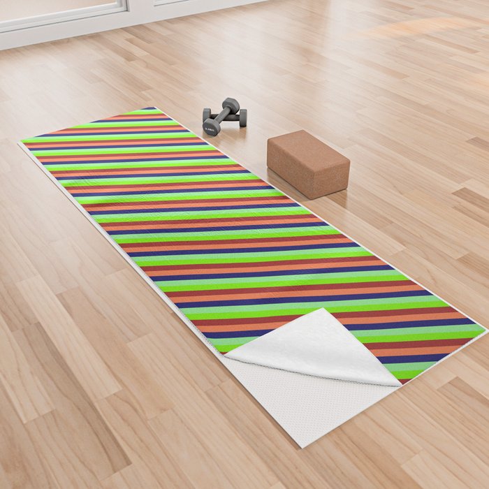 Vibrant Green, Chartreuse, Brown, Coral, and Midnight Blue Colored Lines/Stripes Pattern Yoga Towel