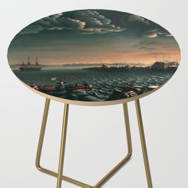1620 Landing of the Mayflower Pilgrims at Plymouth Rock, Massachusetts nautical landscape painting by Michele Felice Cornè Side Table