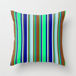 [ Thumbnail: Dark Blue, Green, Brown, and Powder Blue Colored Lines/Stripes Pattern Throw Pillow ]