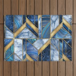 Art Deco Gold + Midnight Blue Marble Abstract Geometry Outdoor Rug