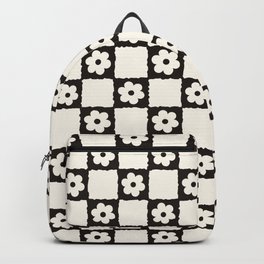 Retro Flower Checker in Black&White Backpack | Floral, Ink, Checkered, Digital, Illustration, White, Vector, Checker, Pattern, Black and White 