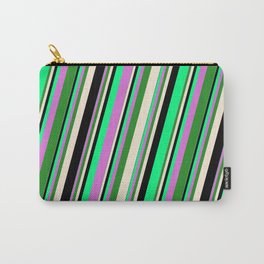 [ Thumbnail: Vibrant Green, Orchid, Forest Green, Beige & Black Colored Striped Pattern Carry-All Pouch ]