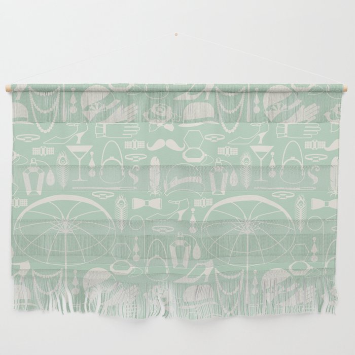 White Old-Fashioned 1920s Vintage Pattern on Apple Green Wall Hanging