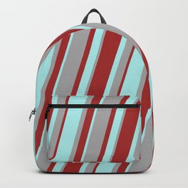 [ Thumbnail: Turquoise, Dark Gray, and Brown Colored Lined/Striped Pattern Backpack ]
