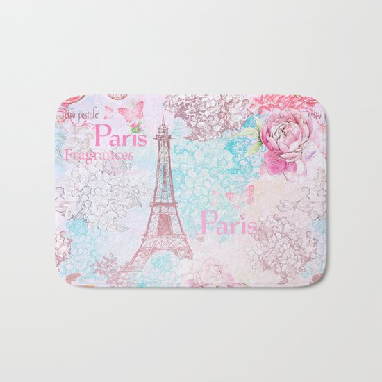 I love Paris- Vintage Shabby Chic in pink - Eiffeltower France Flowers Floral Bath Mat