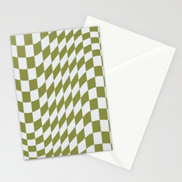 Warped Checkerboard Pattern in Olive Green & White Stationery Card