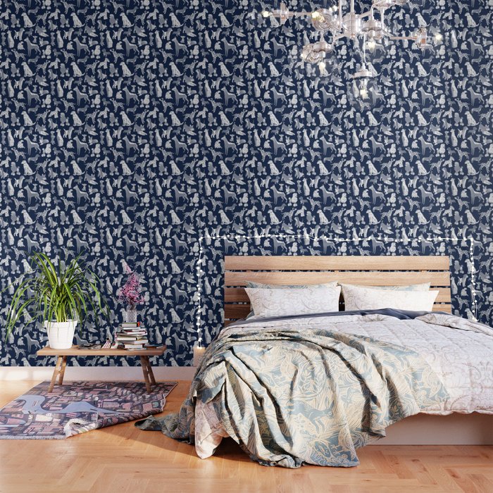 Geometric sweet wet noses // navy blue background white dogs Wallpaper