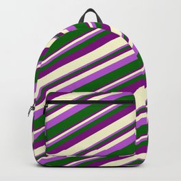 [ Thumbnail: Orchid, Dark Green, Purple, and Light Yellow Colored Stripes Pattern Backpack ]