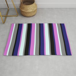 [ Thumbnail: Eye-catching Midnight Blue, Orchid, Light Cyan, Gray, and Black Colored Stripes/Lines Pattern Rug ]