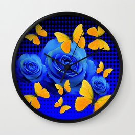 YE;LLOW BUTTERFLIES BLUE ROSES ABSTRACT PATTERNS ART Wall Clock