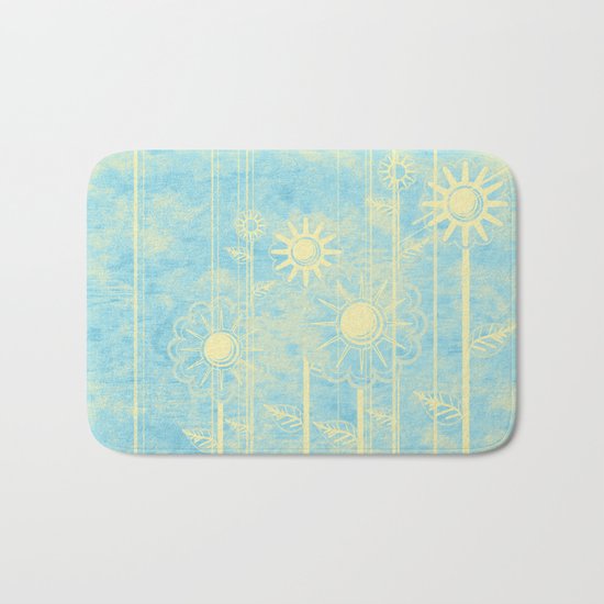 retro flowers in blue and yellow Bath Mat