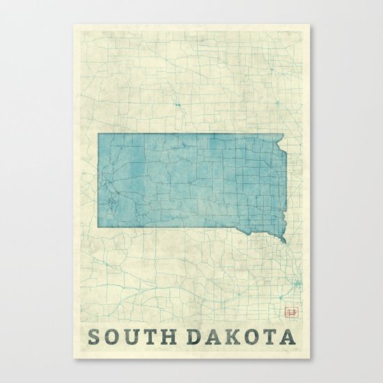 South Dakota State Map Blue Vintage Canvas Print