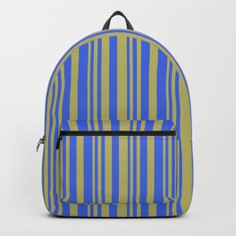 [ Thumbnail: Dark Khaki & Royal Blue Colored Striped Pattern Backpack ]