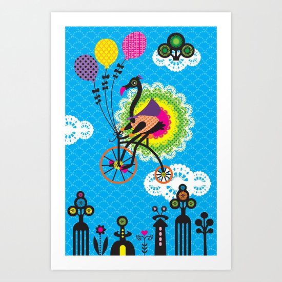 Peacock riding a bike Art Print