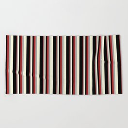 [ Thumbnail: Red, Dark Gray, Beige & Black Colored Lines/Stripes Pattern Beach Towel ]