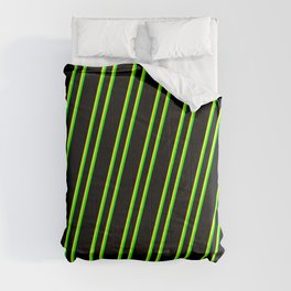 [ Thumbnail: Black, Yellow, and Lime Colored Pattern of Stripes Comforter ]