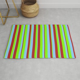 [ Thumbnail: Red, Light Sky Blue, and Chartreuse Colored Lined/Striped Pattern Rug ]