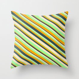 [ Thumbnail: Orange, Dark Slate Gray, Bisque, and Green Colored Lined/Striped Pattern Throw Pillow ]