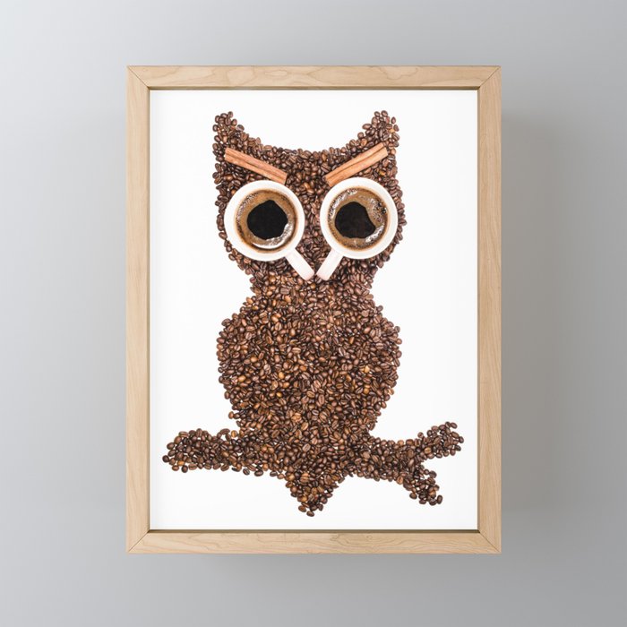 Owl made of coffee beans white background  Framed Mini Art Print
