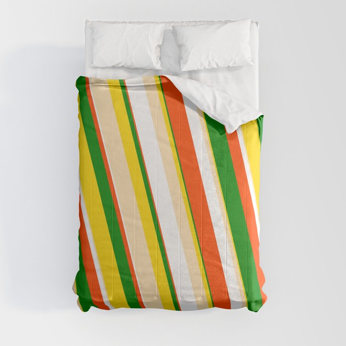 Eye-catching Yellow, Beige, White, Red & Green Colored Pattern of Stripes Comforter