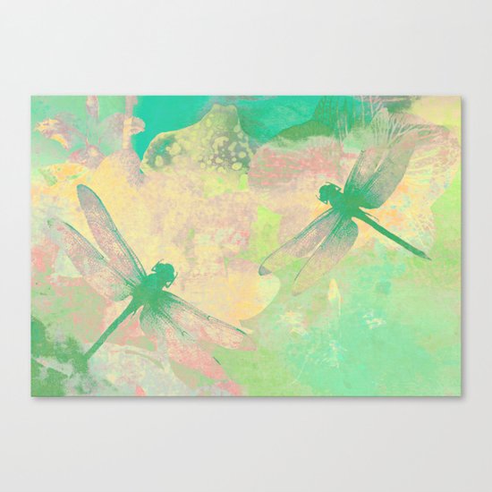 Green Painting Dragonflies Canvas Print