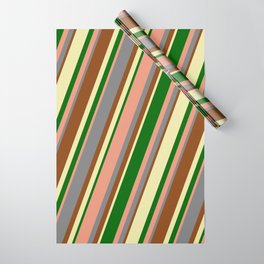 [ Thumbnail: Colorful Grey, Brown, Pale Goldenrod, Dark Green & Dark Salmon Colored Lined/Striped Pattern Wrapping Paper ]