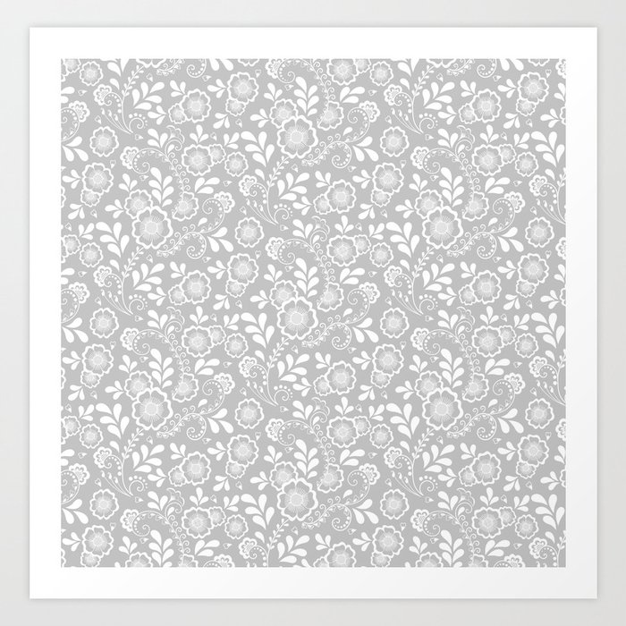 Light Grey And White Eastern Floral Pattern Art Print