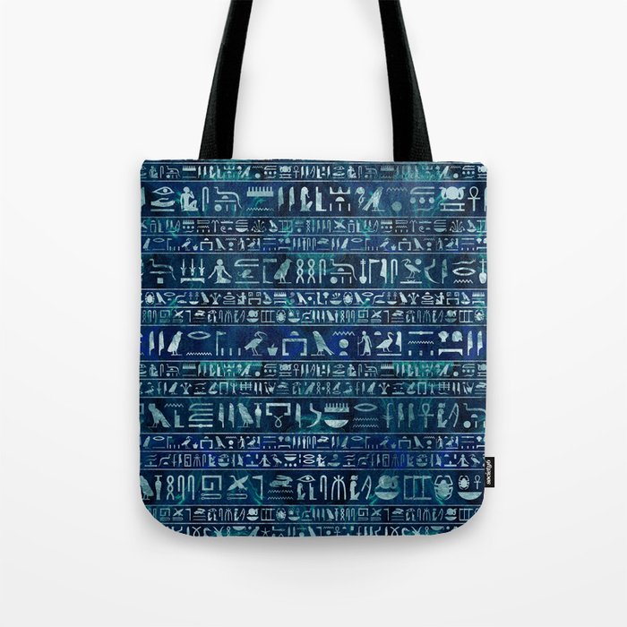 Egyptian hieroglyphs -silver on blue painted texture Tote Bag