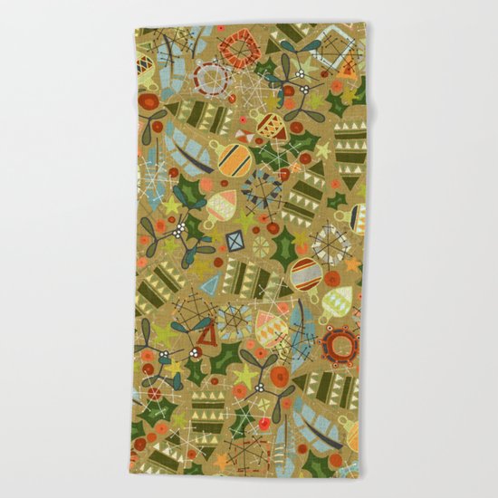 vintage christmas gold Beach Towel