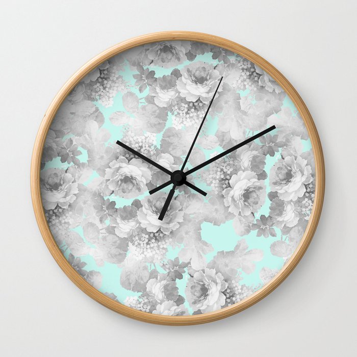Vintage black white teal stylish chic roses floral Wall Clock