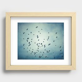 Birds Flying in Sky, Blue Nature Photography, Bird Flock Fly Dark Blue Recessed Framed Print