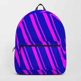 [ Thumbnail: Blue and Fuchsia Colored Striped Pattern Backpack ]